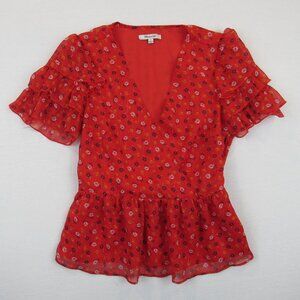 Madewell Red Floral Ruffle Sleeves V-Neck Top Women's Size 0 Chiffon Top